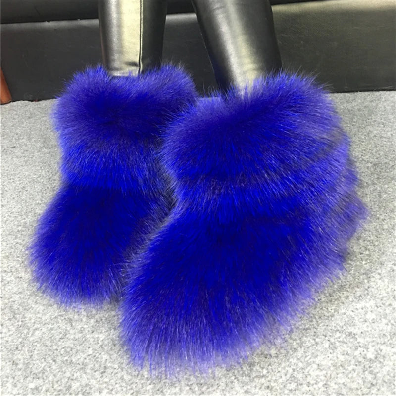 One Piece Fox Fur Women Snow Boots Blue Winter Warm Furry Botas Femininas Casual Botines Mujer Thick Sole Flat Shoes Woman White