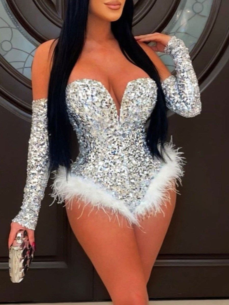 LW SXY Plus Size Sexy Party Sequined Bodysuits Off The Shoulder Tassel Design Sequined Romper Nightclub Sexy Bodycon Jumpsuits