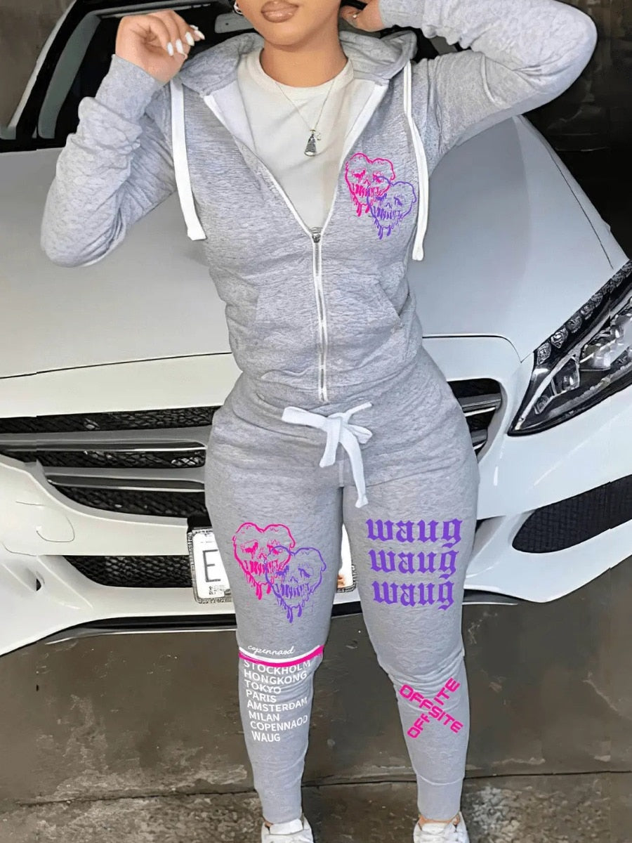 LW Simple Two Piece Set Women Casual Sporty Long Sleeve Zipper Design Top Hooded Collar Broken Heart Print Female Tracksuit Set