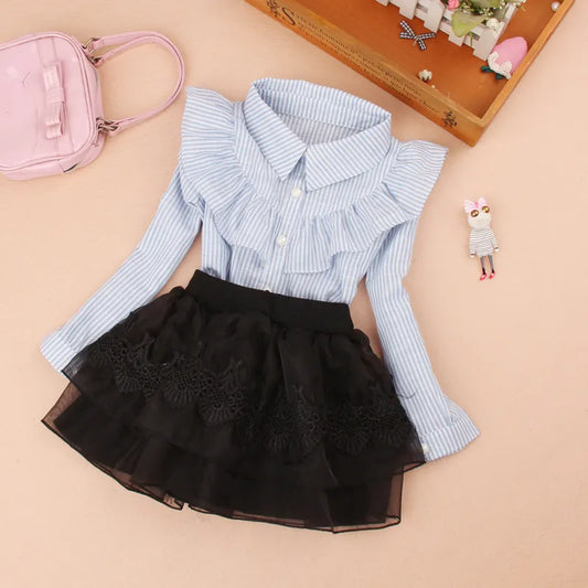 Teenage Girls Clothes Autumn Kids Blue Stripe Blouses Turn-down Collar Full Sleeve Shirt Children Cotton Tops School Girl Blouse