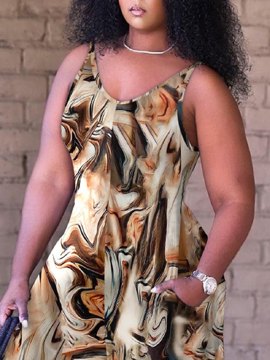 LW Plus Size Mixed Print Wide Leg Pocket Design Jumpsuit Sleeveless Spaghetti Strap Women Elastic loose Summer Jumpsuit