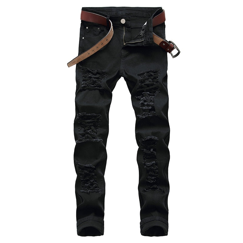 Straight Hole Destruction Trousers Distressed Jeans Men Denim Trousers Fashion Designer Brand White Pants Male Large Size