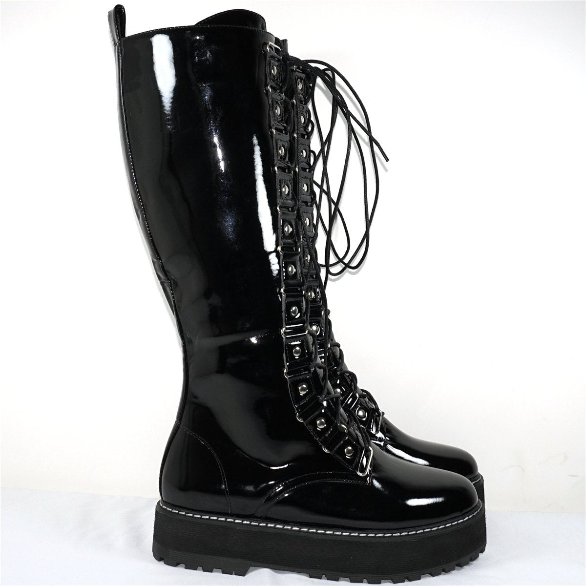 Winter Punk Creepers Women Lace Up Patent Leather Knee High Motorcycle Boots Female Round Toe Chunky Platform Pumps Casual Shoes