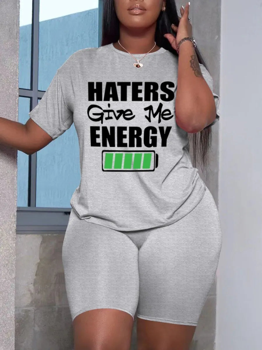 LW Plus Size Haters Give Me Energy Letter Print Shorts Set 2PCs Women Clothings Casual Suits Daily TOPS+PANTS Matching Outfits