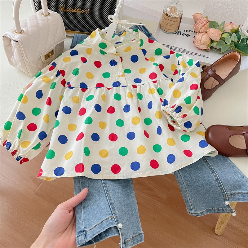 2023 Spring Autumn Child Girls 2PCS Clothes Set Cotton Long Sleeve Dot Tops Versatile Denim Trousers Suit Kids Girls Outfits