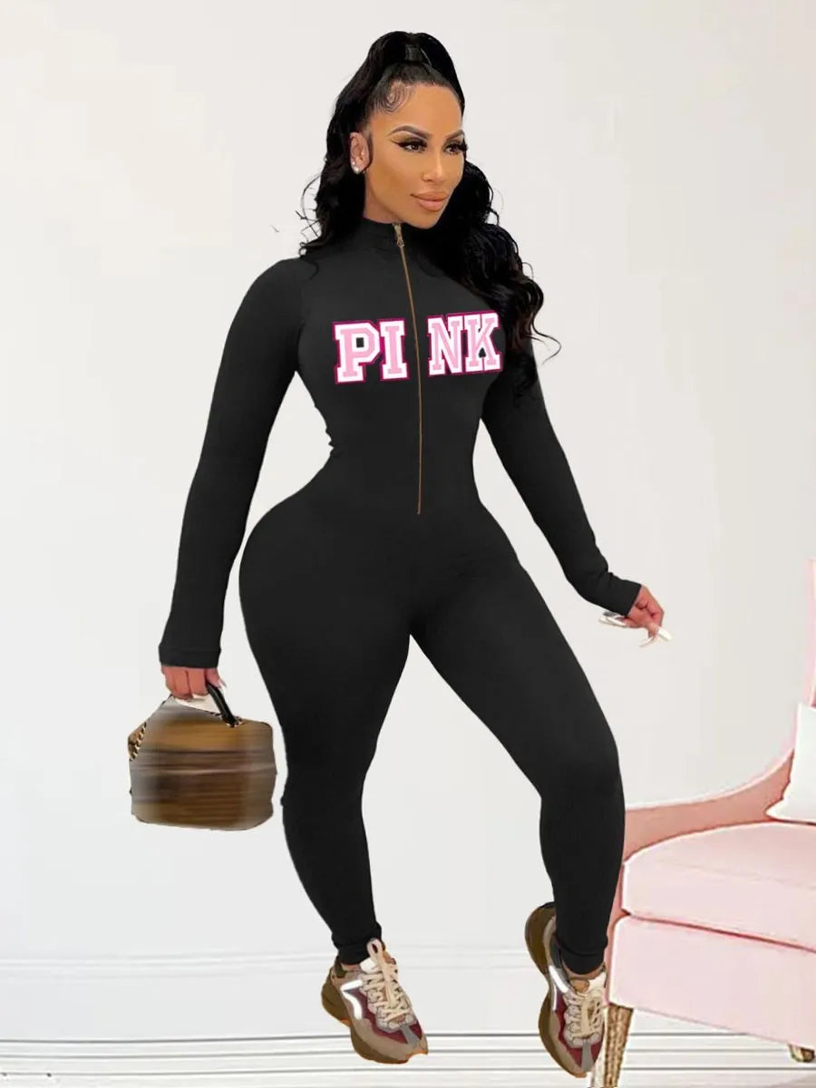 LW Plus Size Woman Zipper Jumpsuits Pink Letter Print Skinny Jumpsuit Sexy Streetwear Casual Rompers Sportswear Jumpsuit