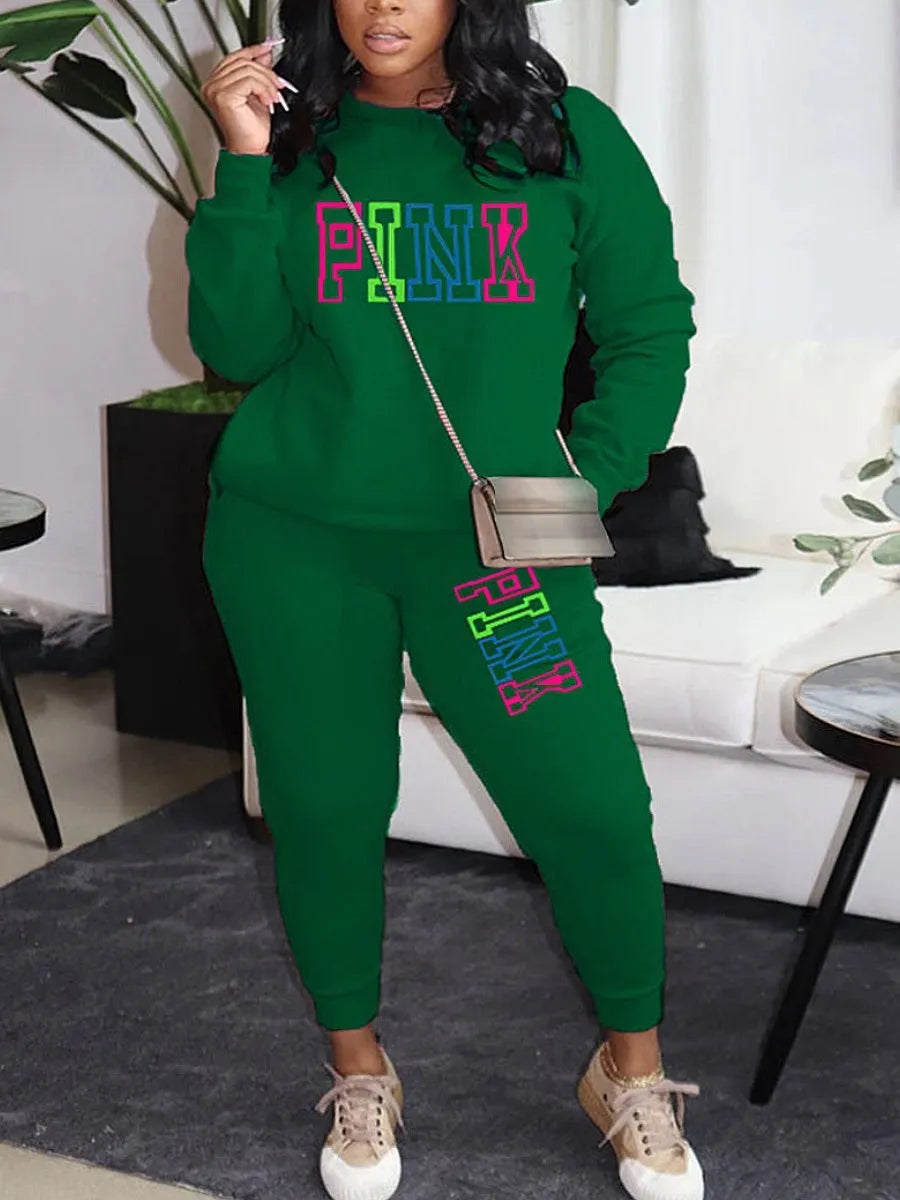 LW Plus Size Two pices set Fleece Pink Letter Print Pants Set Tracksuits Women Two Piece Set Suits Casual 2pcs Outfits