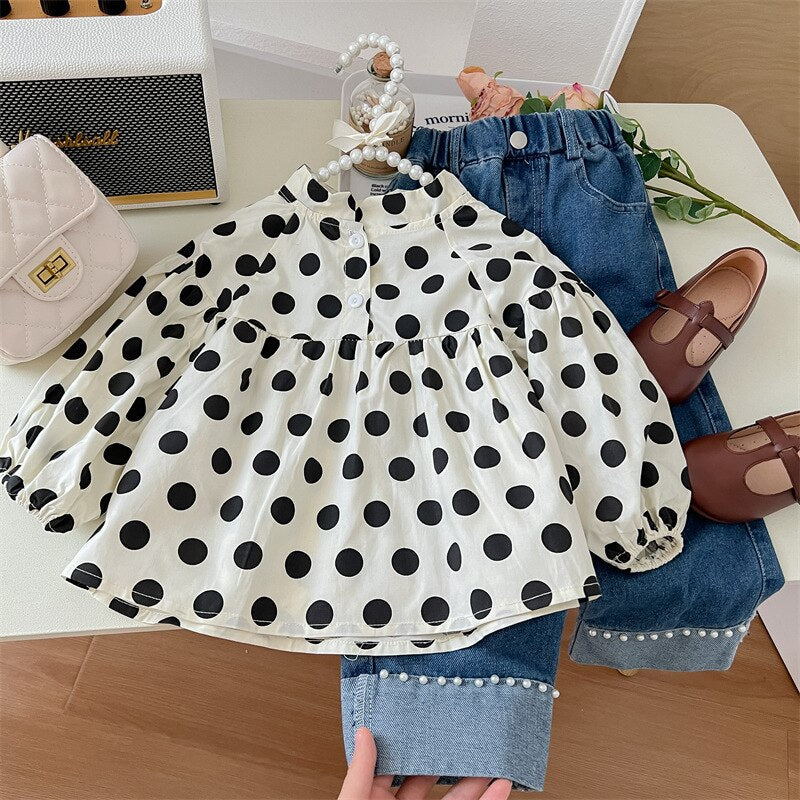 2023 Spring Autumn Child Girls 2PCS Clothes Set Cotton Long Sleeve Dot Tops Versatile Denim Trousers Suit Kids Girls Outfits