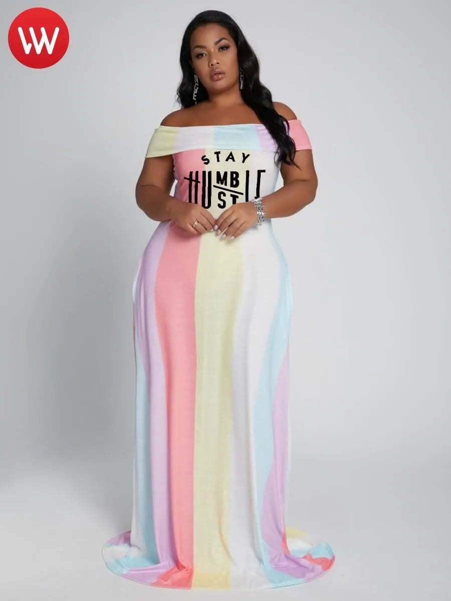 LW Plus Size Dress Boho Fold-over Letter Print Striped Orange Trailing  L-5XL Off The Shoulder Vacation Summer Vestidos