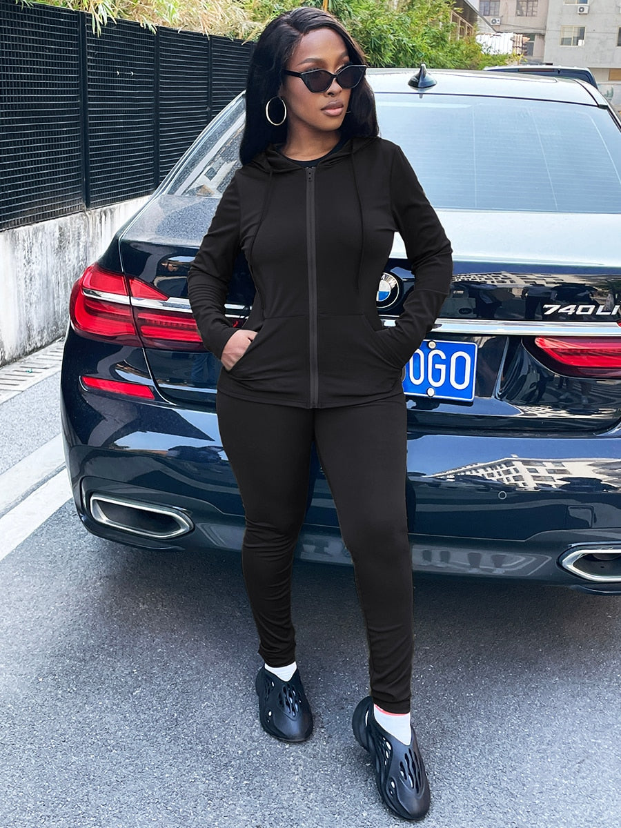 LW Autumn Two Piece Women Hooded Collar Kangaroo Pocket Tracksuit Set Pleated Hoodie Jacket +Leggings Workout Matching Suits