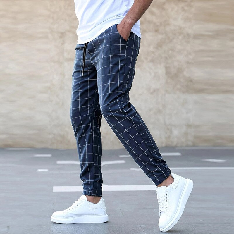 Men&#39;s Pocket Sweatpants Straight Pant Fashion Men Casual Drawstring Rope Pants New Spring Summer Men Middle Waist Plaid Trousers