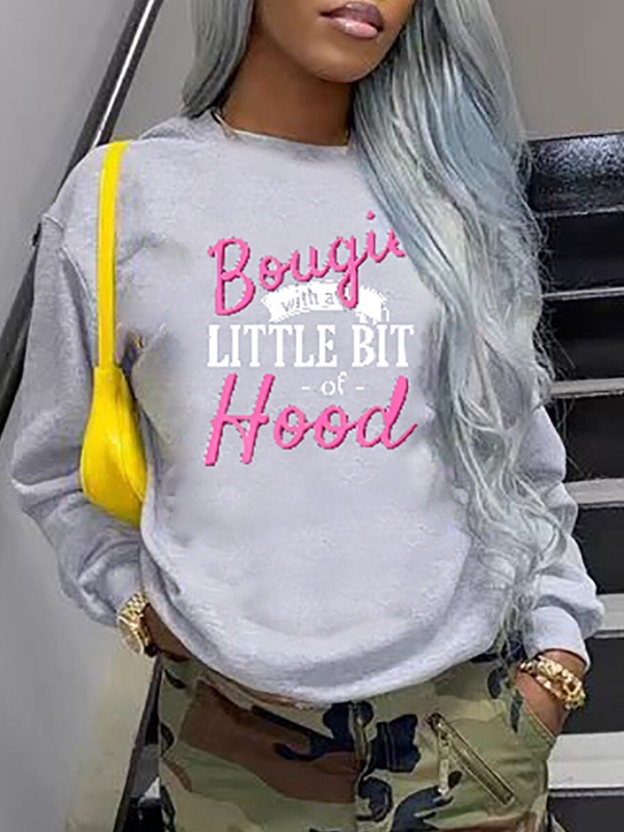 LW Letter Print Sweatshirt O Neck Sweat Casual Long Sleeve Stretch Daily Women Top Fleece Trendy Sweater