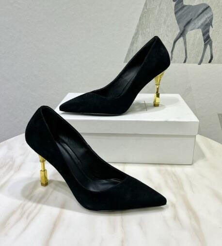 Carpaton Pointed Toe High Heel Shoes Black Leather Thin Heels Pumps Women Slip on Dress Heels Black White