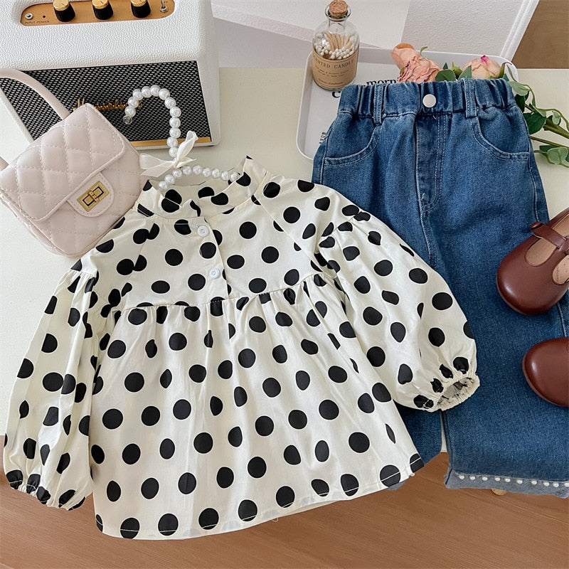 2023 Spring Autumn Child Girls 2PCS Clothes Set Cotton Long Sleeve Dot Tops Versatile Denim Trousers Suit Kids Girls Outfits