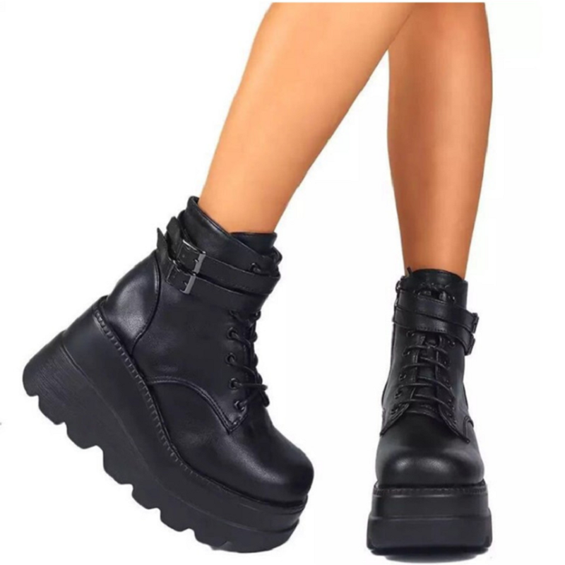 Punk Gothic Chunky Platform Ankle Boots Women 2023 Autumn Thick Bottom Demonia Boots Woman Plus Size Pu Leather Motorcycle Boots