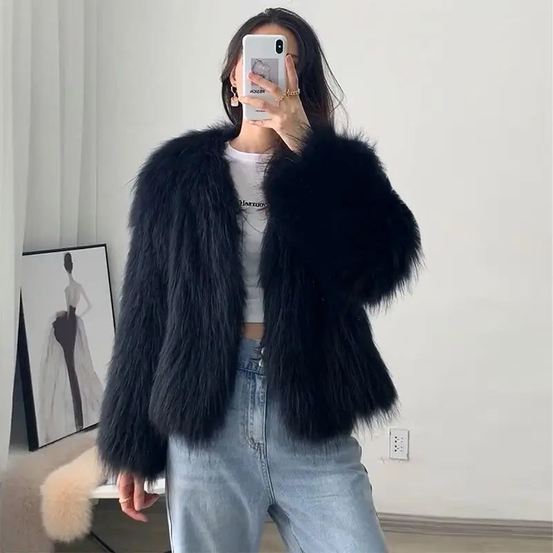 Elegant Tops Fluffy Faux Fur Coats Women 2023 New Winter Long Sleeve Cropped Fur Jacket Woman Korean Warm Furry Coat Top Female