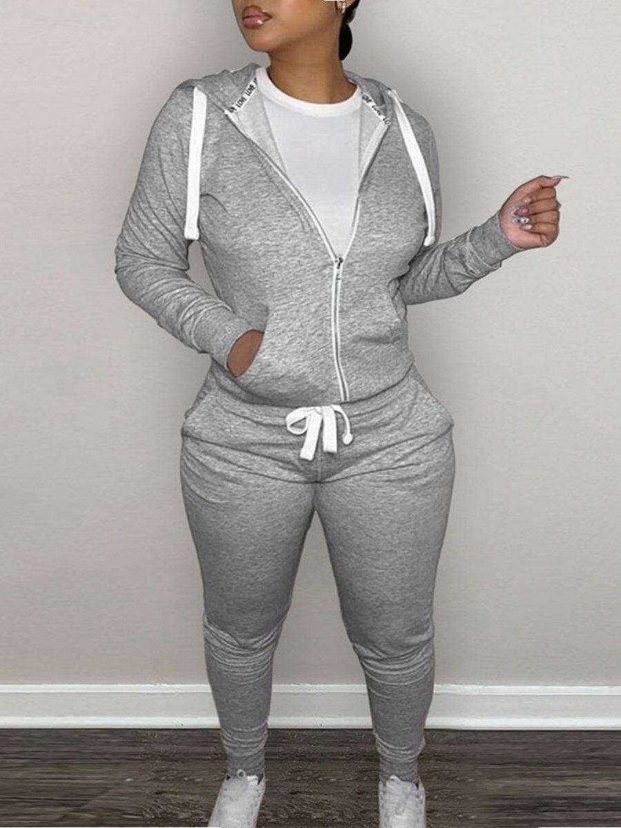 LW BASICS Plus Size Tracksuits Letter Print Kangaroo Pocket Tracksuit Set Women Zip Hooded Long Sleeve Coat And Pants Two Piece