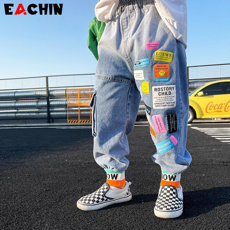 EACHIN Baby Boys Jeans 2023 New Fashion Patchwork Teen Boy Clothes Kids Denim Pants Toddler Sky Blue Jeans Children Casual Pants