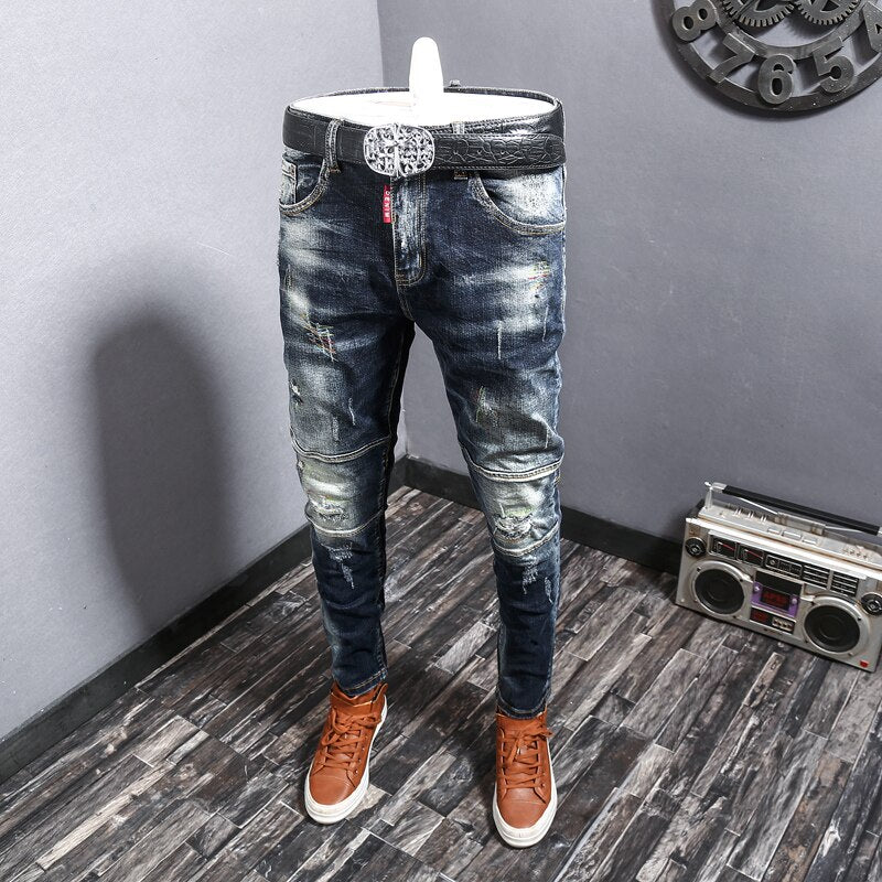 Fashion Streetwear Ripped Jeans Men Retro Blue Elastic Slim Fit Biker Jeans Homme Embroidery Designer Hip Hop Denim Pants Hombre