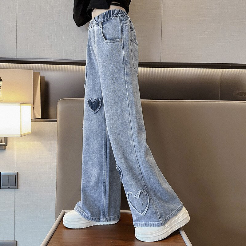 New Fashion Teenager Girls Denim Wide Leg Pants Children Trousers Spring Autumn Love Pattern Girls Jeans 5-14 Years Kids Clothes