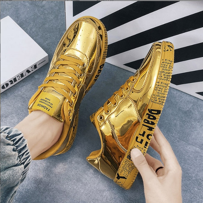 Men Shoes Fashiona Patent Leather Sneakers Tops Gold Silver Hip Hop Boots Glossy Lighted Brand Designer Shoes Flats Size 46