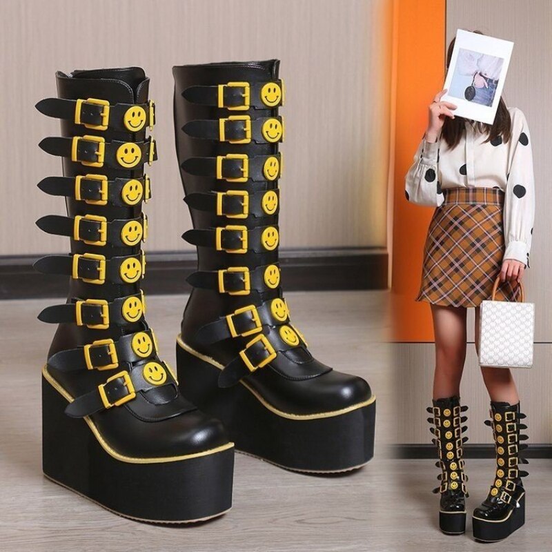 Plus Size 43 Black Gothic Vampire Halloween Cosplay Punk Buckle Street Platform Wedge High Heel Boots Women Shoes 2023