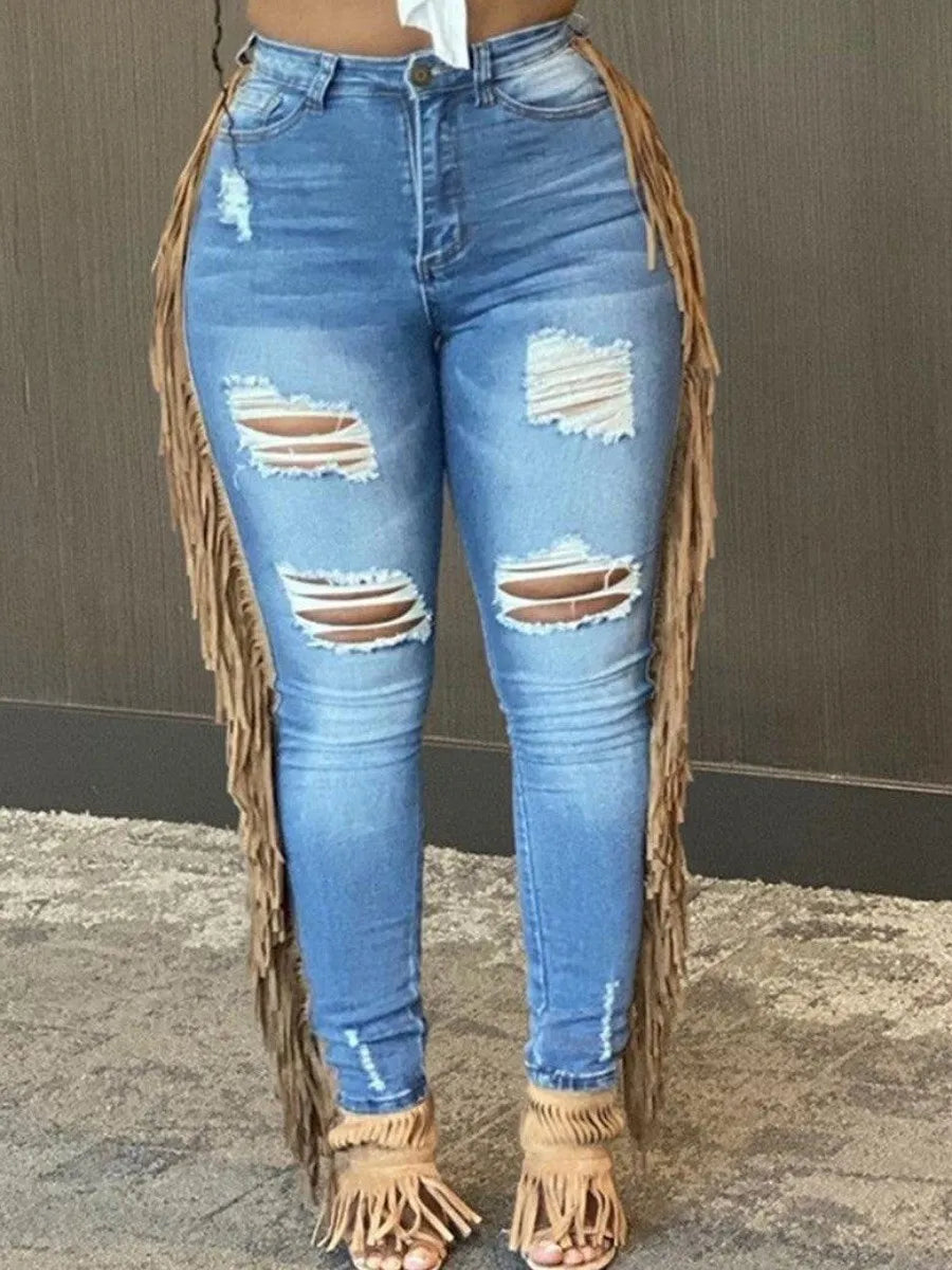 LW Plus Size summer jeans Tassel Design Ripped Jeans skinny Pants Ladies Jeans Y2K Summer High Street Cargo Pants