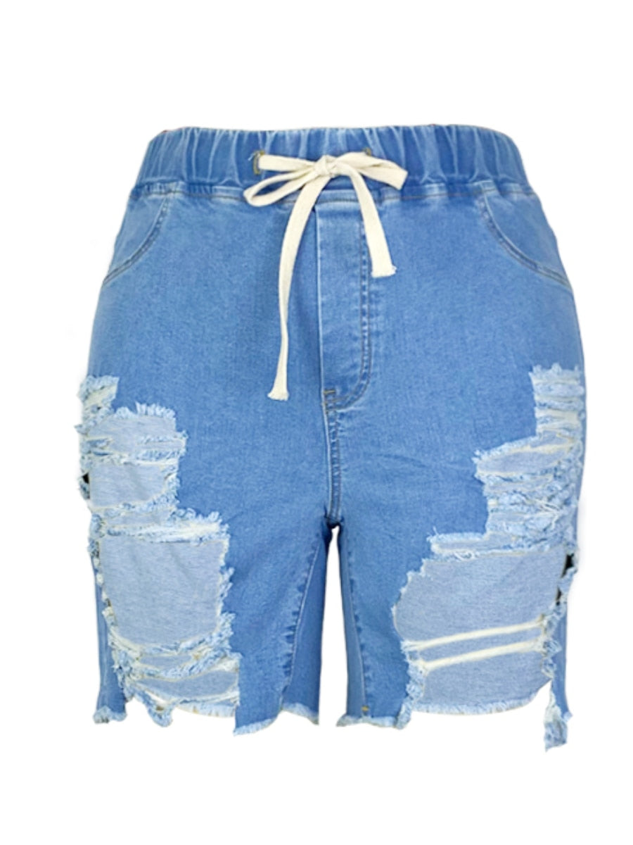 LW Plus Size Ripped Drawstring Denim Shorts Casual Solid Color Daily Stretchy Holes Summer Jeans