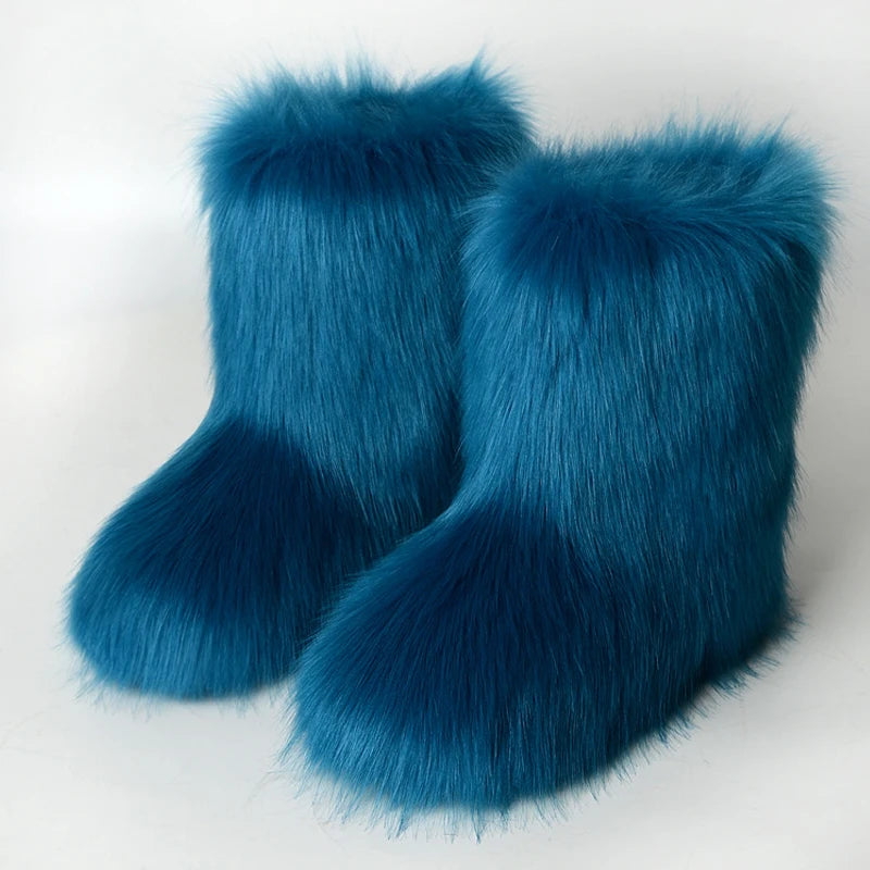 Fluffy Fur Boots Women Furry Snow Boot Warm Soft Plush Inside Fashion Woman Faux Fox Fur Boots Y2k Winter Anti Slip FuzzyShoes