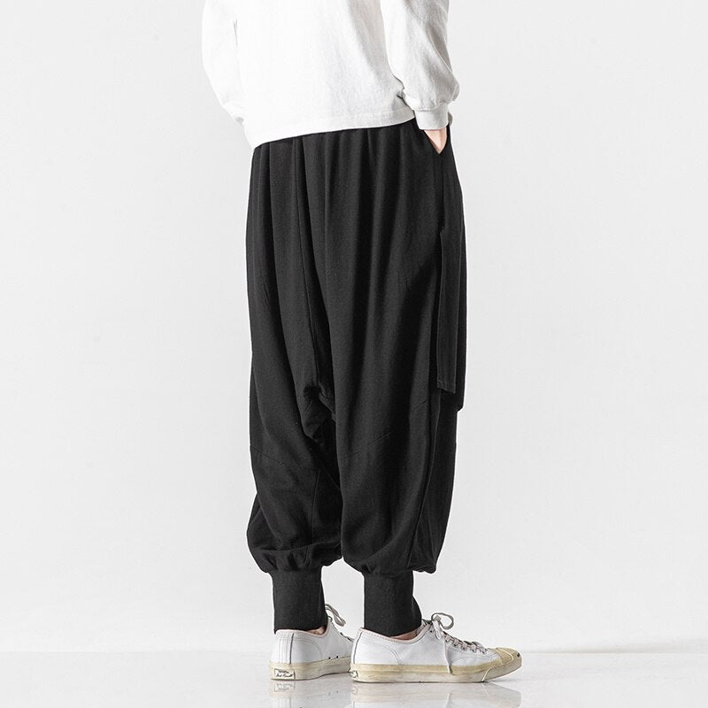 MrGB Large Size Men&#39;s Chinese Style Crane Graphic Casual Pants Cotton Linen Harem Pants Vintage Elastic Waist Male Trousers