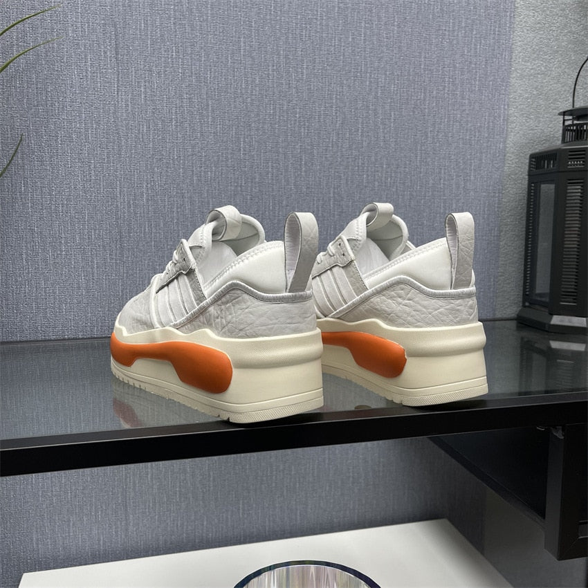 Fashion Y3 Cowhide Platform Sneakers Casual Leather Men&#39;s Shoes Added Height White Orange Patchwork Sole