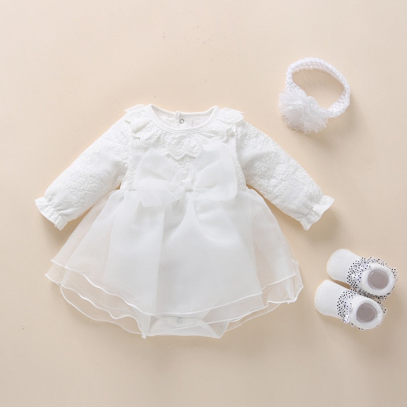 2022 Infant Christening Dress Newborn Baby Girl Dresses&Clothes Princess 0 3 6 12 Months Baby Baptism Dress Shoes Tights