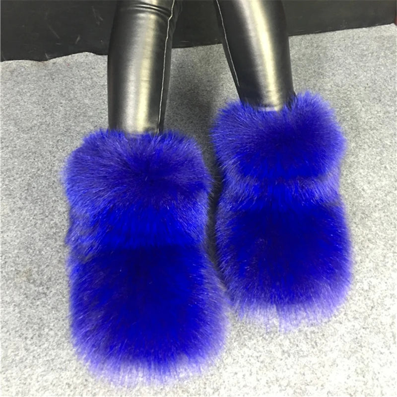 One Piece Fox Fur Women Snow Boots Blue Winter Warm Furry Botas Femininas Casual Botines Mujer Thick Sole Flat Shoes Woman White