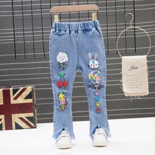 Kids Girls Denim Jeans Pants Spring Autumn Trousers Elastic Waistband Tassel Hem Bell-bottom Style Long Pants 90-130