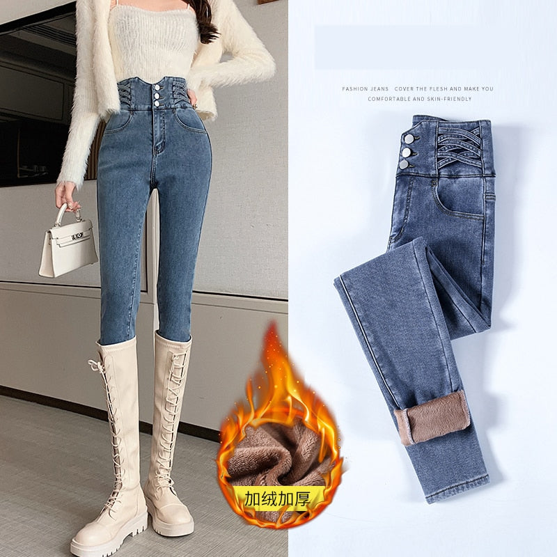 ZOENOVA 2022 Winter Warm Women&#39;s Winter Jeans High Waist Skinny Pants Fleece  Velvet Elastic Jeggings Casual Straight Jean Woman