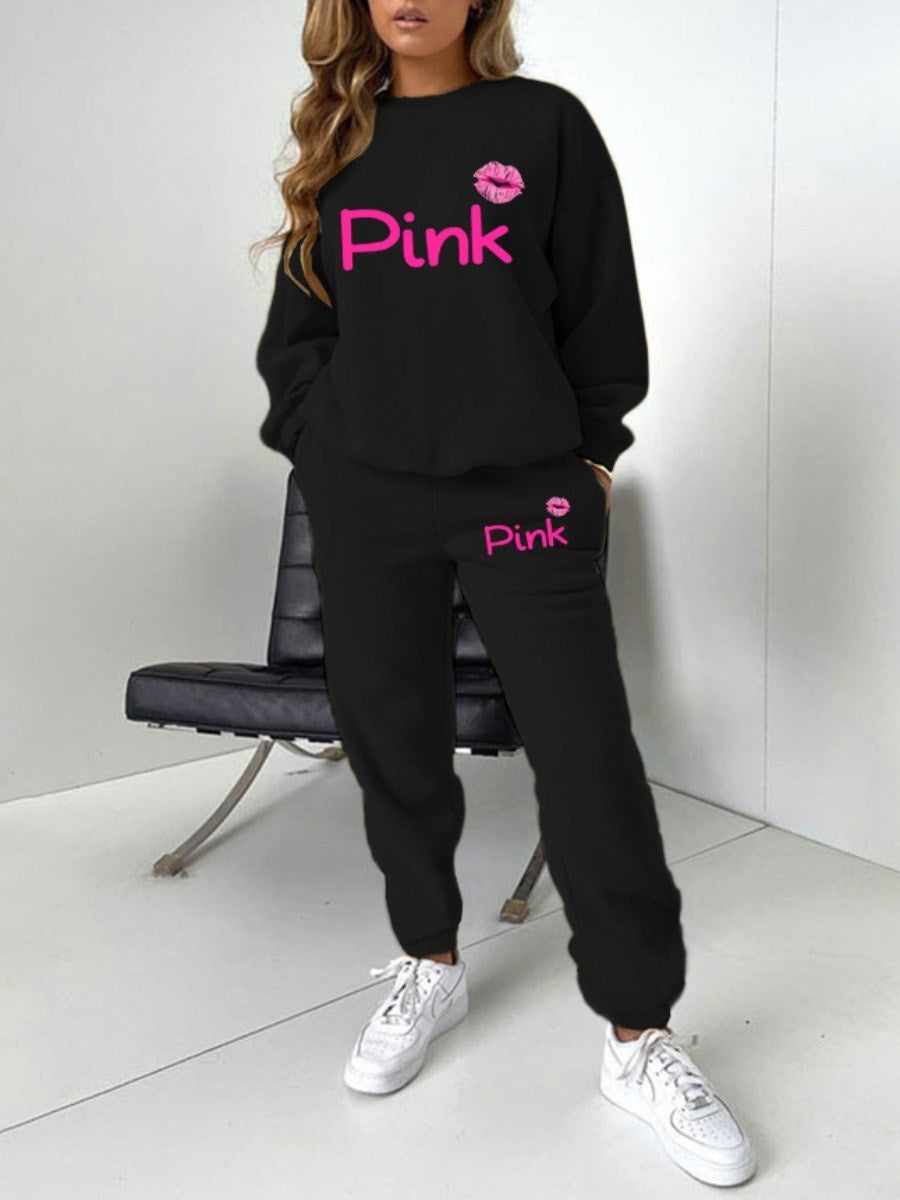 LW Plus Size Women Tracksuit Pink Lip Letter Print Pants Set Sweatpants Two Piece Set New Casual Outfits Jogger Overalls Clothes