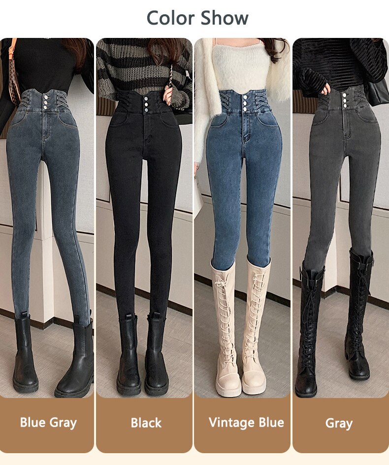 ZOENOVA 2022 Winter Warm Women&#39;s Winter Jeans High Waist Skinny Pants Fleece  Velvet Elastic Jeggings Casual Straight Jean Woman
