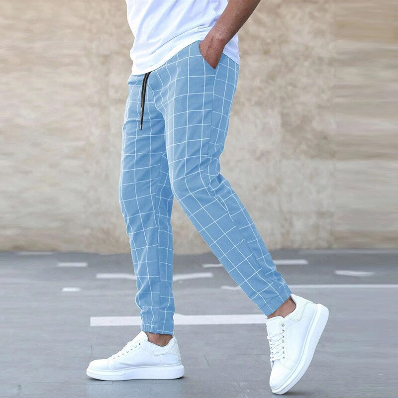 Men&#39;s Pocket Sweatpants Straight Pant Fashion Men Casual Drawstring Rope Pants New Spring Summer Men Middle Waist Plaid Trousers