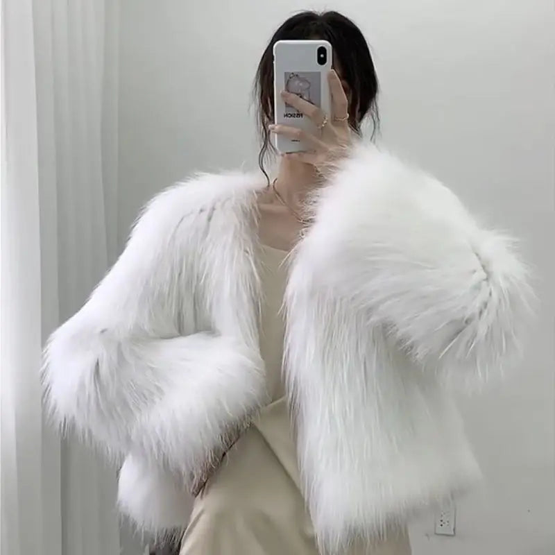 Elegant Tops Fluffy Faux Fur Coats Women 2023 New Winter Long Sleeve Cropped Fur Jacket Woman Korean Warm Furry Coat Top Female