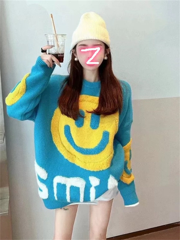 FQLWL Spring Kintted Loose Sweatshirts For Women Blue Smiley And Letter Pattern Long Sleeve O Neck Hoodies Streetwear Female