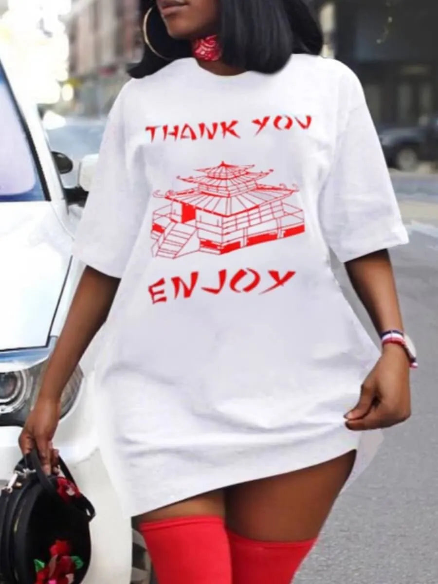 LW Plus Size Casual O Neck Letter Print White Mini T-shirt Dress Half Sleeve Loose Streetwear Tees