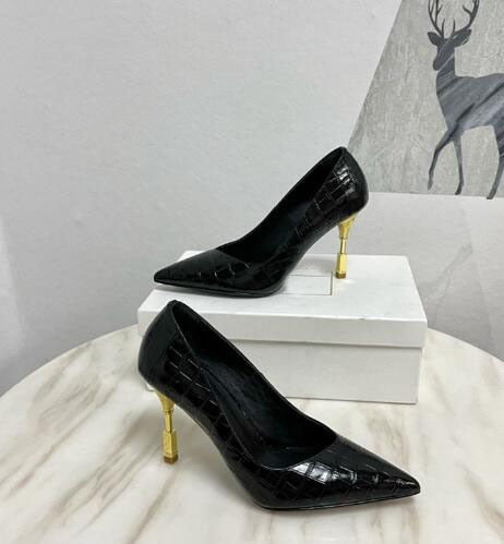 Carpaton Pointed Toe High Heel Shoes Black Leather Thin Heels Pumps Women Slip on Dress Heels Black White