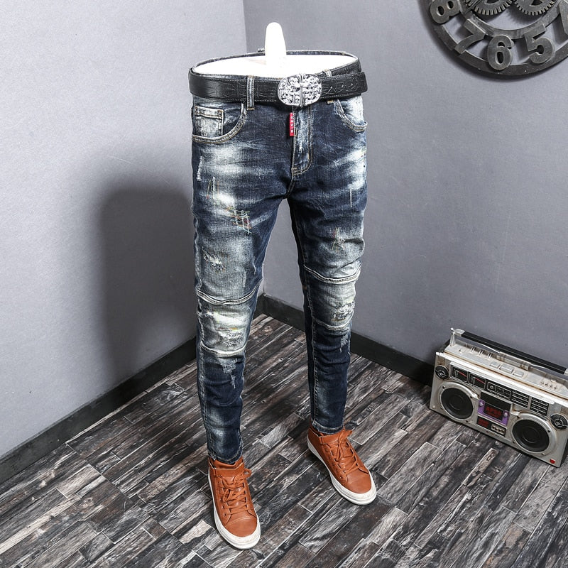 Fashion Streetwear Ripped Jeans Men Retro Blue Elastic Slim Fit Biker Jeans Homme Embroidery Designer Hip Hop Denim Pants Hombre