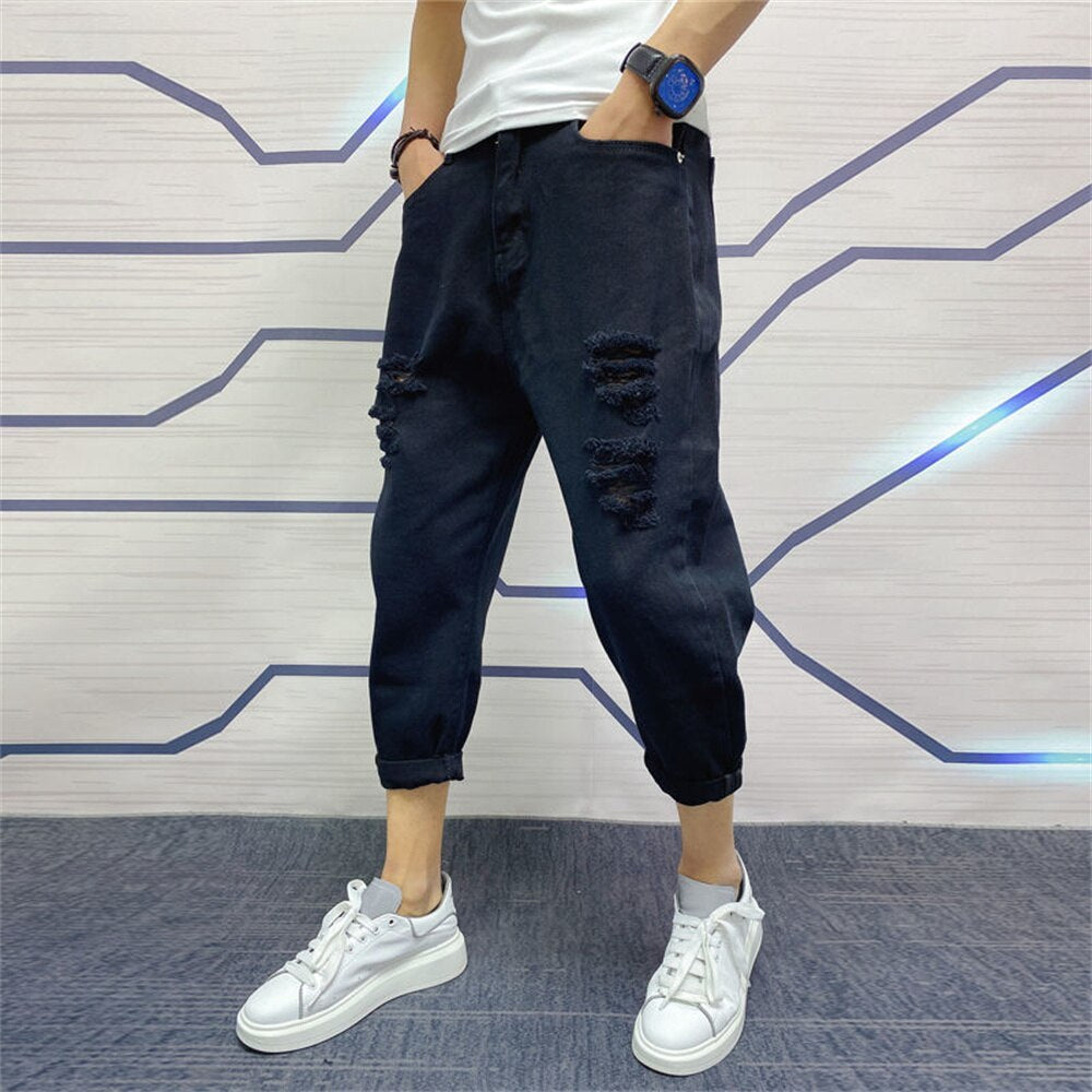 Japanese Trend New Men&#39;s Ripped Hole Jeans White Green Black Ankle Length Youth Fashion Loose Denim Harem Cargo Pants