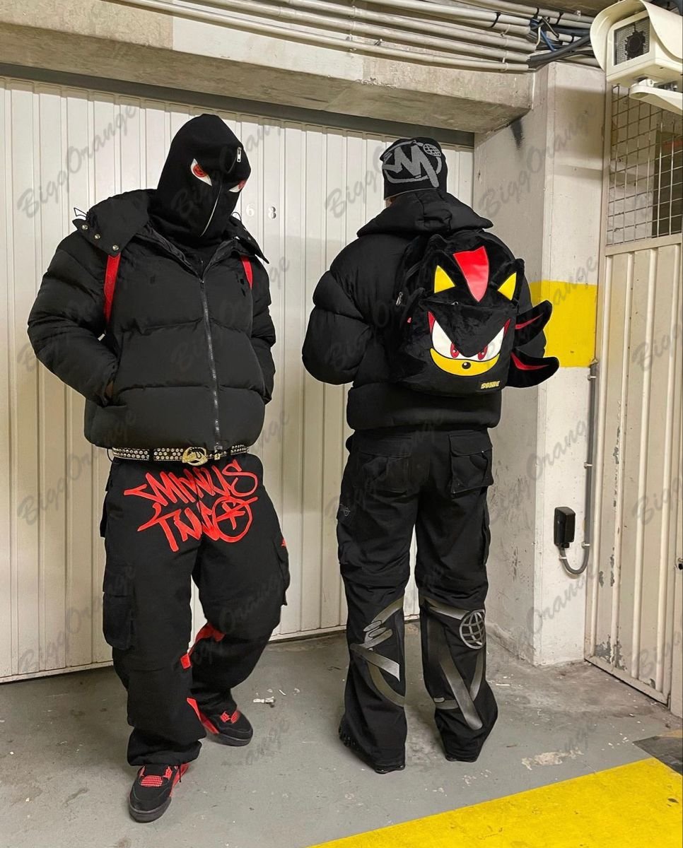 Y2K Retro Street Trend Cargo Pant 2023 New Fashion Minus Two Black Pants Harajuku Hip Hop Print Loose Overalls Joggers Men