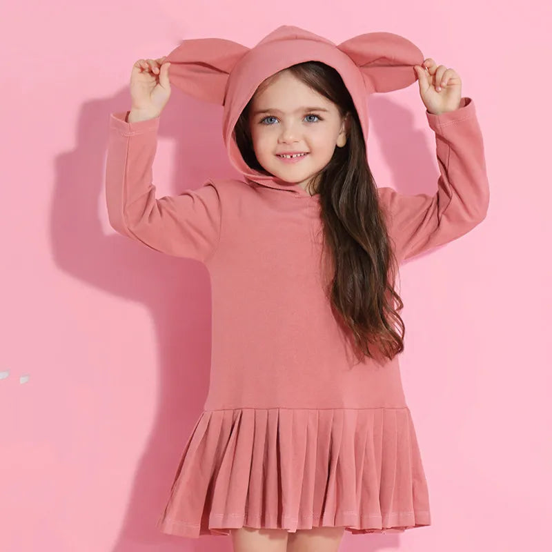 Bear Leader Girls Dress New Brand Baby Girls Blouse Rabbit Ears Hooded Ruched Long Sleeve Children Clothing Dress Girls Clothes