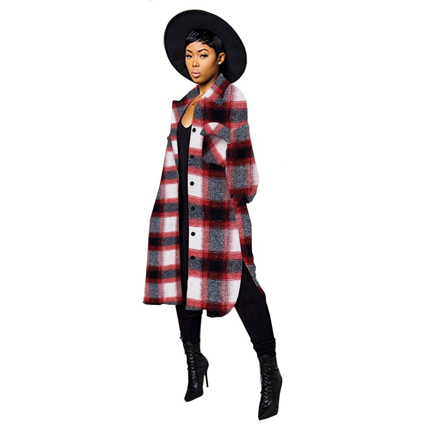 LW Plus Size Plaid Print Side Split Woolen Coat  Regular Sleeve Full Print Turndown Collar Casual women&#39;s Woolen Coat