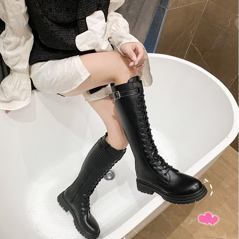 Plus Size Autumn Winter Knee High Boots Women Fashion Buckle High Tube PU Leather Boots Woman Zipper Low Heels Long Botas Mujer