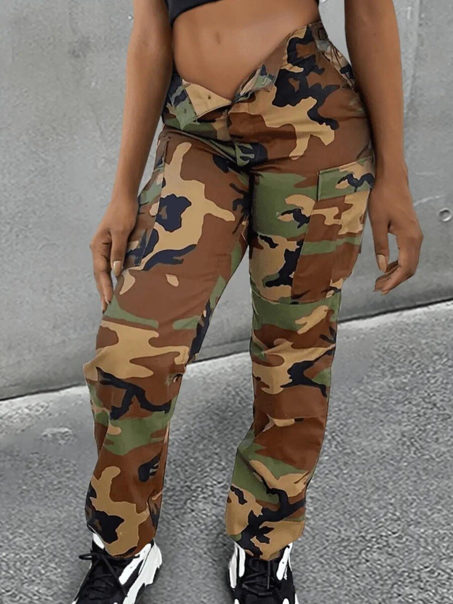 LW High Waist Camo Multicolor Cargo Pants XS-5XL Street Casual Side Pocket Camouflage Women Streetwears Straight Lady Trousers