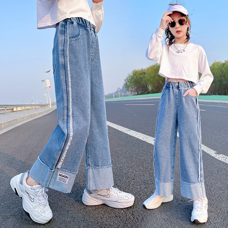 Baby Girl Wide Leg Jeans Kids Girls Denim Pants Children Outwear Long Trousers Girl Clothing Fall Spring 90-160